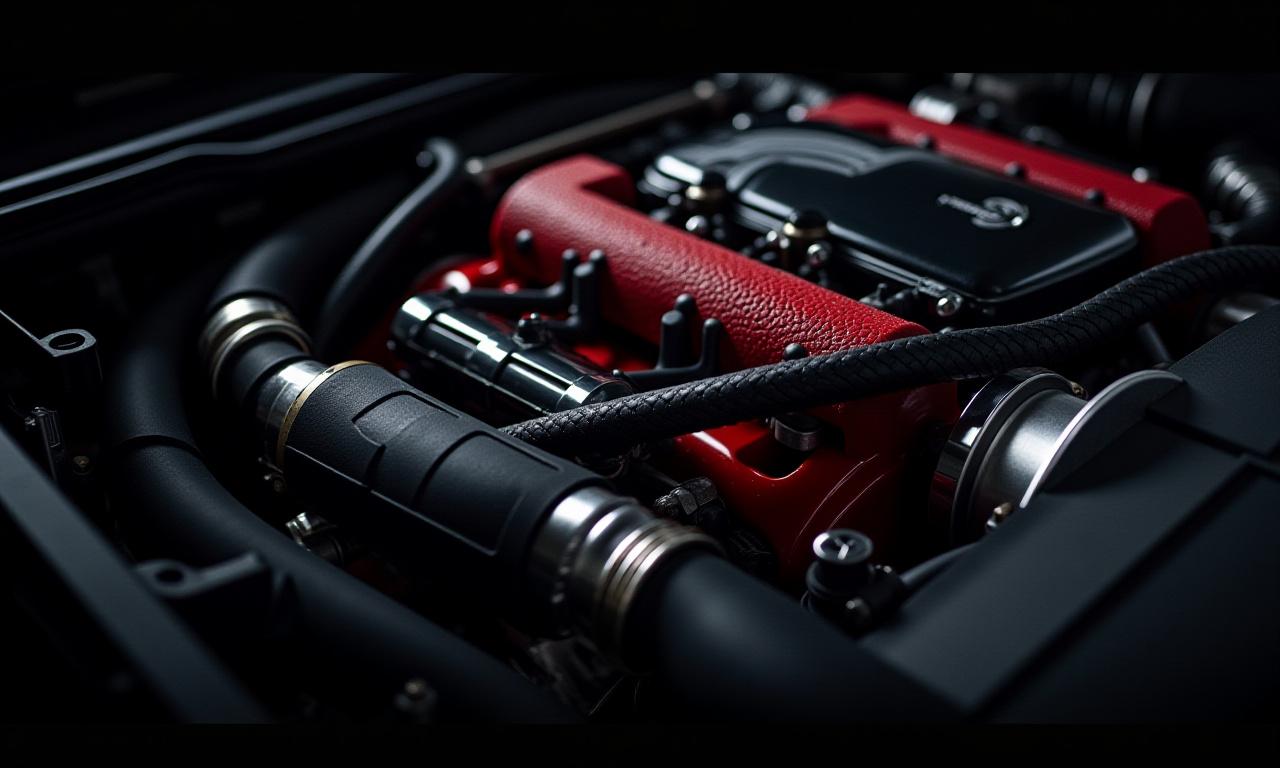 Primer plano de un motor de alto rendimiento finamente ajustado con detalles en rojo, símbolo de potencia y precisión automotriz.