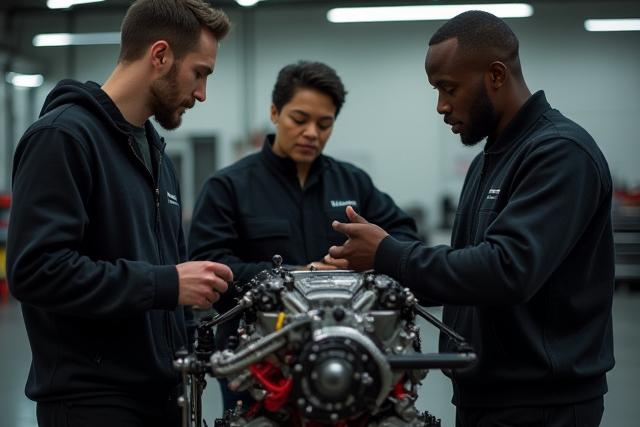 Grupo de entusiastas automotrices colaborando en un espacio de taller moderno y bien iluminado, simbolizando el inicio de Eterna Gear.