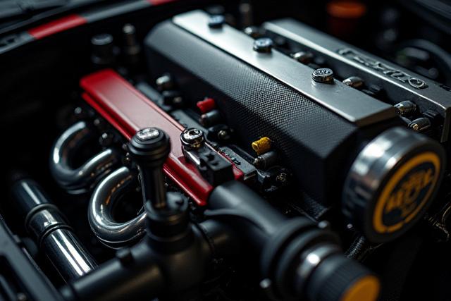 Detalle de un motor de alto rendimiento con herramientas de precisión alrededor, simbolizando la ingeniería exacta de Eterna Gear.