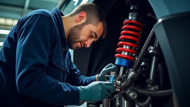 Mecánico ajustando un sistema de suspensión coilover de alto rendimiento.